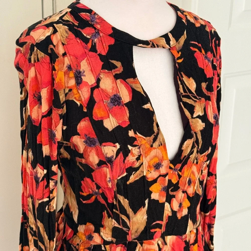 Free People Floral Mini Dress‎ 4 Black Orange Cutout Keyhole Bell Sleeve Boho